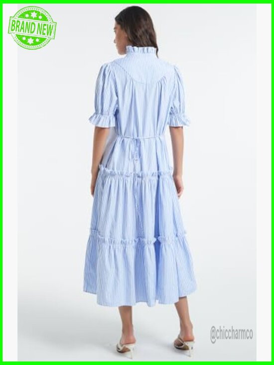 Small Maxi Dress with Puff Sleeves Button Down Tiered V-Neck Flowy - Picture 4 of 7